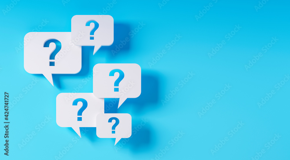 Question mark speech bubbles in front of a blue wall - 3D illustration Question mark speech bubbles in front of a blue wall - 3D illustration
