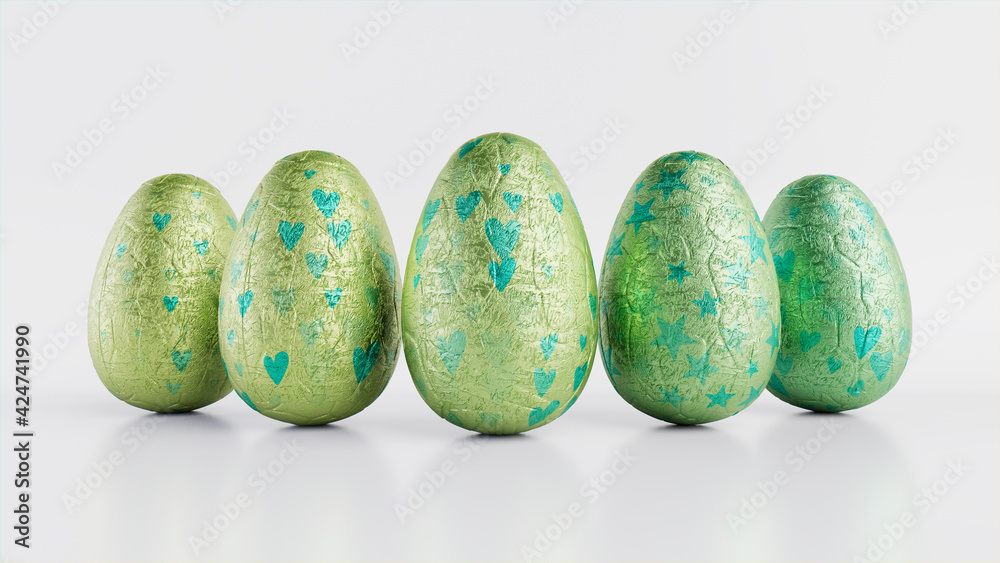 Easter Eggs isolated against a white background. Chocolate Eggs wrapped in patterned Green and Aqua foil. 3D Render Easter Eggs isolated against a white background. Chocolate Eggs wrapped in patterned Green and Aqua foil. 3D Render