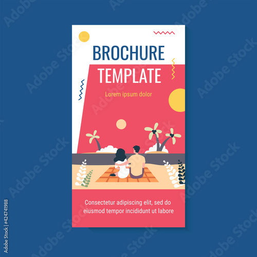 Young couple admiring sunset on beach. Dating man and woman spending vacation by sea flat vector illustration. Leisure, holiday, seaside concept for banner, website design or landing web page
