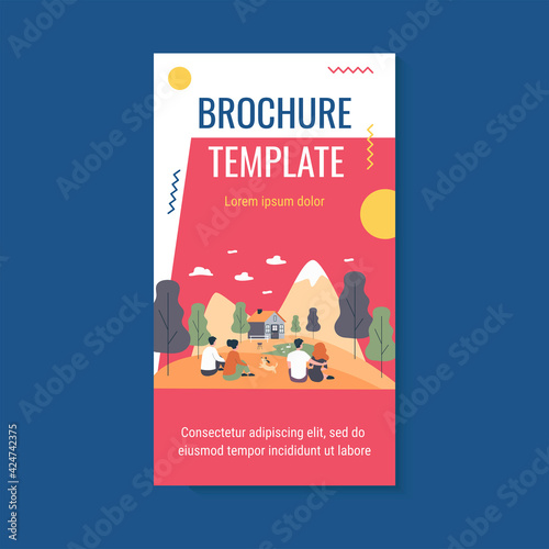 Dating couples admiring landscape in mountains. Back view of men and women sitting on ground outdoors flat vector illustration. Vacation, nature concept for banner, website design or landing web page