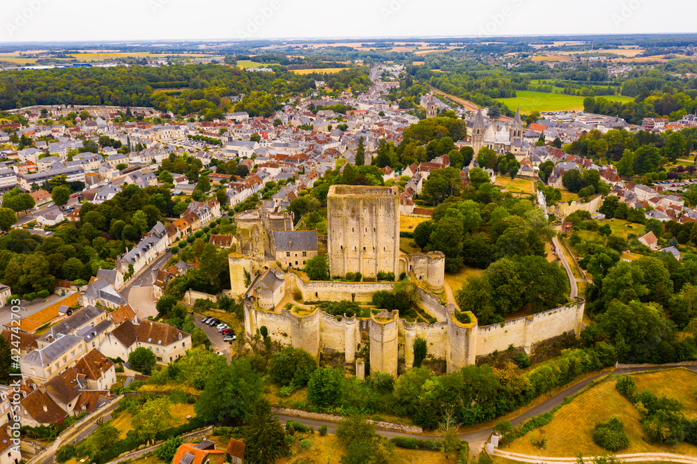 Flight over the city Loches and the Royal castle Loches on summer day. France