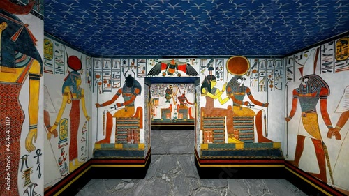 3d Rendering Animation Of A Tomb with old wallpaintings in ancient Egypt. photo