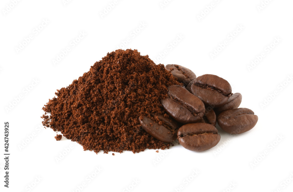 Coffee powder (ground coffee beans) and coffee beans isolated on the white background. Coffee powder (ground coffee beans) and coffee beans isolated on the white background.