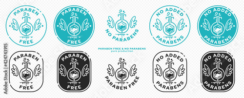 Concept for product packaging. Labeling - paraben free. A paraben chemical flask, with wings and a line of flowing ingredient - a symbol of freedom from parabens. Vector