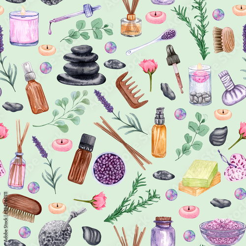 Watercolor seamless pattern on the theme of beauty, spa and cleanliness. Consists of various bath accessories