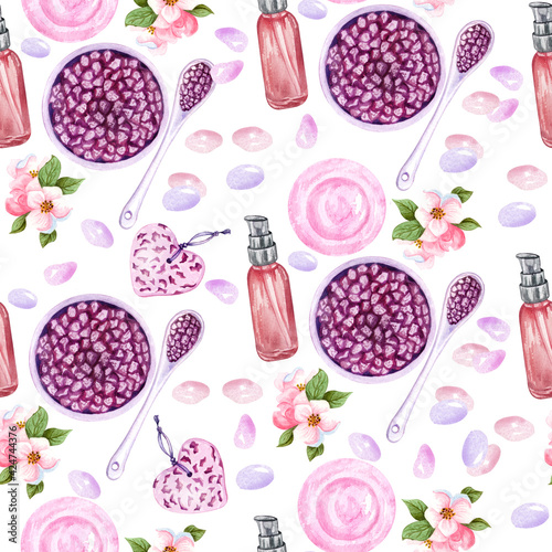 Watercolor seamless pattern on the theme of beauty, spa and cleanliness. Consists of various bath accessories