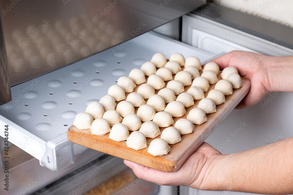 Frozen dumplings in freezer. Frozen dumplings, a dish of dough and flour. Many dumplings in the freezer Frozen dumplings in freezer. Frozen dumplings, a dish of dough and flour. Many dumplings in the freezer