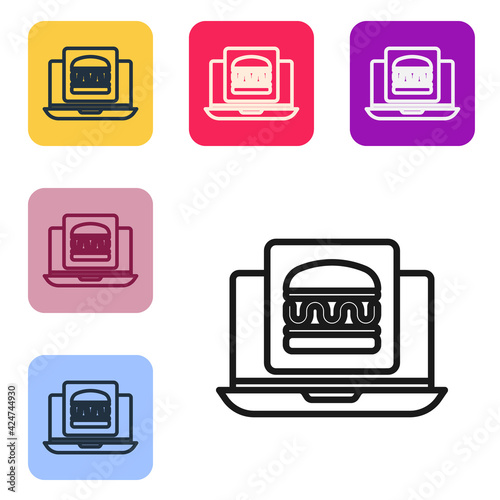Black line Online ordering and burger delivery icon isolated on white background. Set icons in color square buttons. Vector