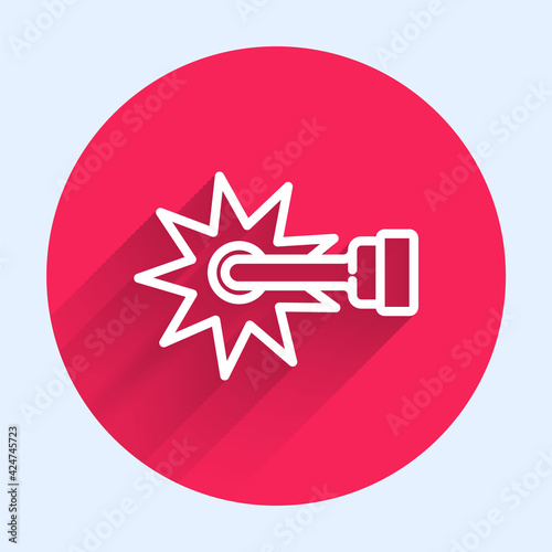 White line Cowboy horse riding spur for boot icon isolated with long shadow. Red circle button. Vector