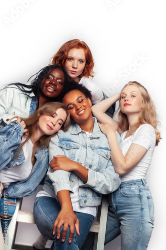 diverse multi nation girls group  teenage friends company cheerful having fun  happy smiling  cute posing isolated on white background  lifestyle people concept  african-american and caucasian