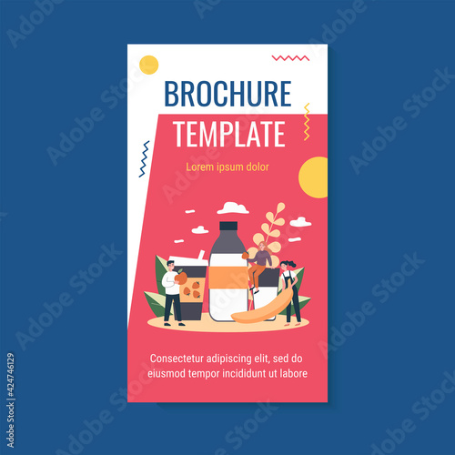 Tiny people with huge fruits and milk bottle. Cocktail, strawberry, banana flat vector illustration. Healthy food and beverages concept for banner, website design or landing web page