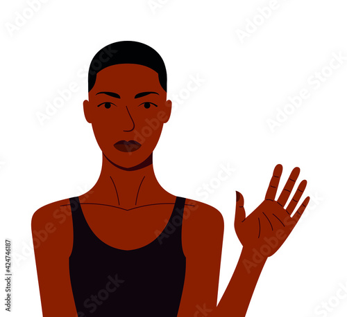 girl waving hand, beautiful black model, woman isolated on white background