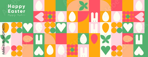 Happy Easter. Flat vector illustration. Abstract backgrounds, geometric patterns for the Easter holiday. Ornament, spring symbols, eggs, rabbit, flowers. Poster, banner, flyer. Egg packaging label.