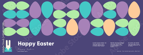 Happy Easter. Flat vector illustration. Abstract backgrounds, geometric patterns for the Easter holiday. Ornament, spring symbols, eggs, flowers. Poster, banner, flyer. Egg packaging label.
