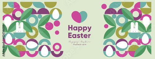Happy Easter. Flat vector illustration. Abstract backgrounds, geometric patterns for the Easter holiday. Ornament, spring symbols, eggs, rabbit, flowers. Poster, banner, flyer. Egg packaging label.