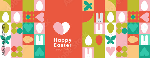 Happy Easter. Flat vector illustration. Abstract backgrounds, geometric patterns for the Easter holiday. Ornament, spring symbols, eggs, rabbit, flowers. Poster, banner, flyer. Egg packaging label.