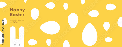 Happy Easter. Flat vector illustration. Abstract backgrounds, geometric patterns for the Easter holiday. Ornament, spring symbols, eggs, rabbit, flowers. Poster, banner, flyer. Egg packaging label.