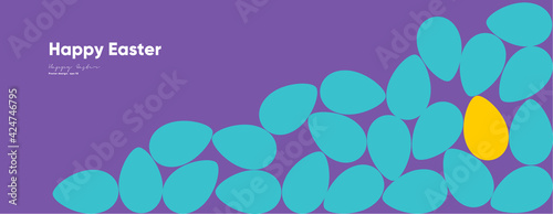 Happy Easter. Flat vector illustration. Abstract backgrounds, geometric patterns for the Easter holiday. Ornament, spring symbols, eggs, flowers. Poster, banner, flyer. Egg packaging label.