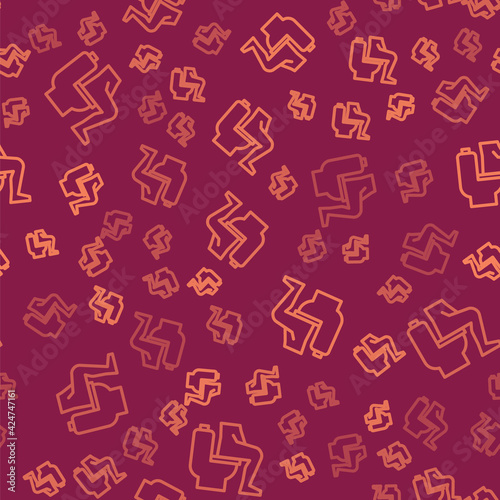 Brown line Men sitting on the toilet and Constipation are experiencing severe abdominal pain icon isolated seamless pattern on red background. Vector