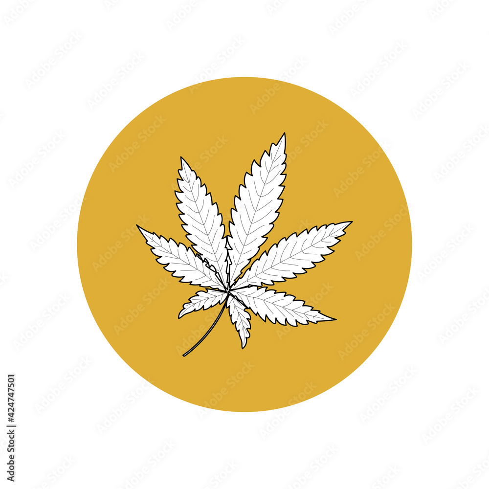White silhouette of cannabis with a black outline in a yellow circle. Marijuana narcotic plant leaves pattern. Smartphone user interface button. White silhouette of cannabis with a black outline in a yellow circle. Marijuana narcotic plant leaves pattern. Smartphone user interface button.