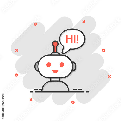 Cute robot chatbot icon in comic style. Bot operator vector cartoon illustration pictogram. Smart chatbot character business concept splash effect.