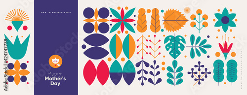 Mom's day. Women's Day. Vector flat illustration. Abstract backgrounds, patterns about mothers day. Hearts, abstract geometric shapes. Perfect for poster, label, banner, invitation.