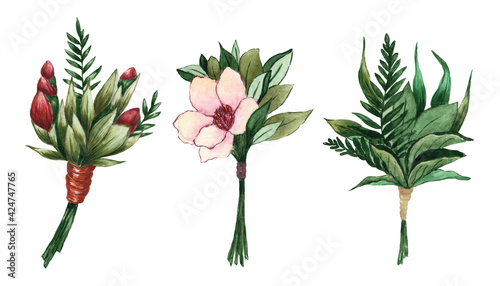 Watercolor floral set with leaves and flowers. Elements for your compositions, greeting cards or wedding invitations. Wedding flowers painted with watercolors on a white background 