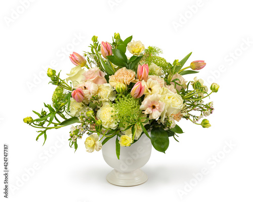 Flower Arrangement in a White Vase Isolated on White Space - Bouquet of Flowers in Soft Pastel Colors -  Floral Arrangement by Florist