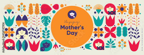 Mom's day. Women's Day. Vector flat illustration. Abstract backgrounds, patterns about mothers day. Hearts, abstract geometric shapes. Perfect for poster, label, banner, invitation.
