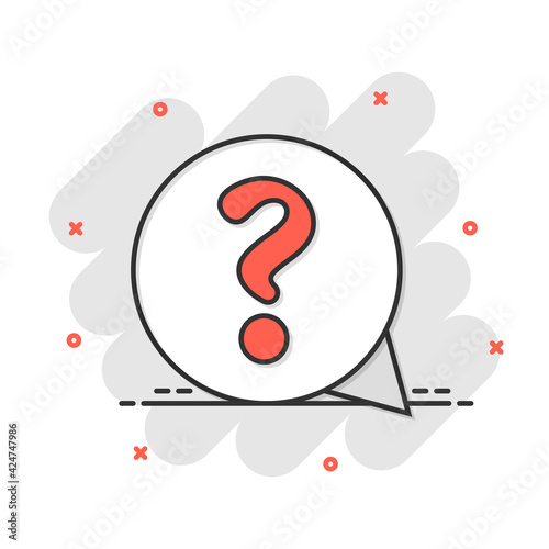 Question mark icon in comic style. Discussion speech bubble vector cartoon illustration pictogram. Question business concept splash effect.