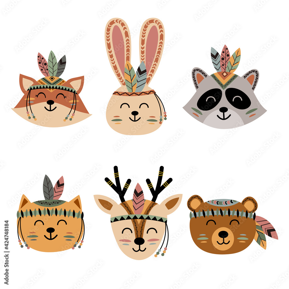 set of isolated cute tribal animal faces set of isolated cute tribal animal faces