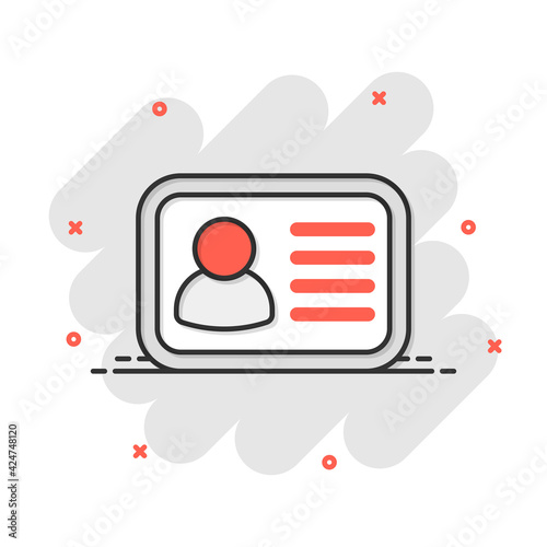 Id card icon in comic style. Identity badge vector cartoon illustration pictogram. Access cardholder people business concept splash effect.