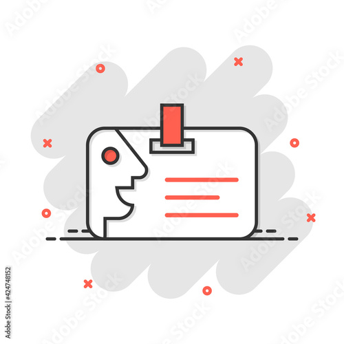 Id card icon in comic style. Identity badge vector cartoon illustration pictogram. Access cardholder people business concept splash effect.