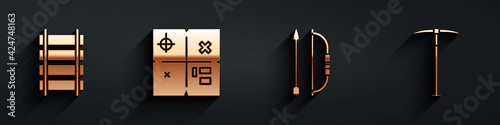 Set Railway, railroad track, Treasure map, Bow and arrow in quiver and Pickaxe icon with long shadow. Vector