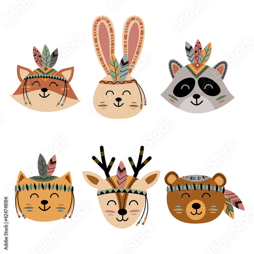 set of isolated cute tribal animal faces 