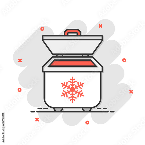 Fridge refrigerator icon in comic style. Freezer container vector cartoon illustration pictogram. Fridge business concept splash effect.