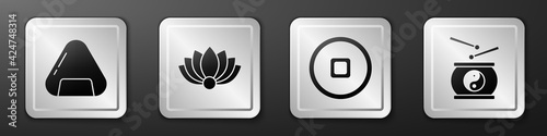 Set Sushi, Lotus flower, Chinese Yuan currency and Chinese drum icon. Silver square button. Vector