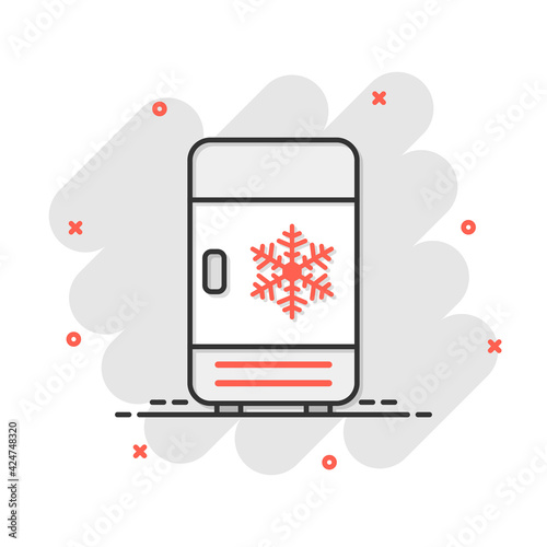 Fridge refrigerator icon in comic style. Freezer container vector cartoon illustration pictogram. Fridge business concept splash effect.