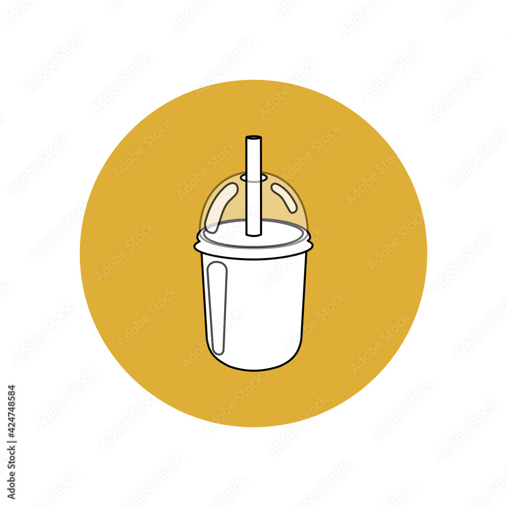 White silhouette of a glass with a drink in a yellow circle. Local restaurant with cocktails. Takeaway coffee and tea. Smartphone user interface button. 