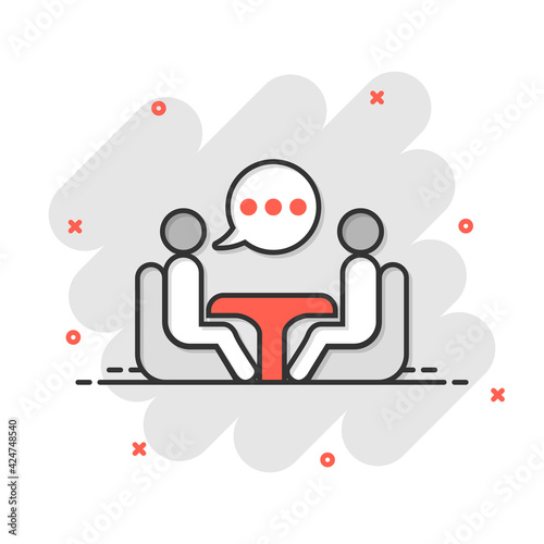 Business consulting icon in comic style. Two people with table vector cartoon illustration on white isolated background. Restaurant dialog business concept splash effect.