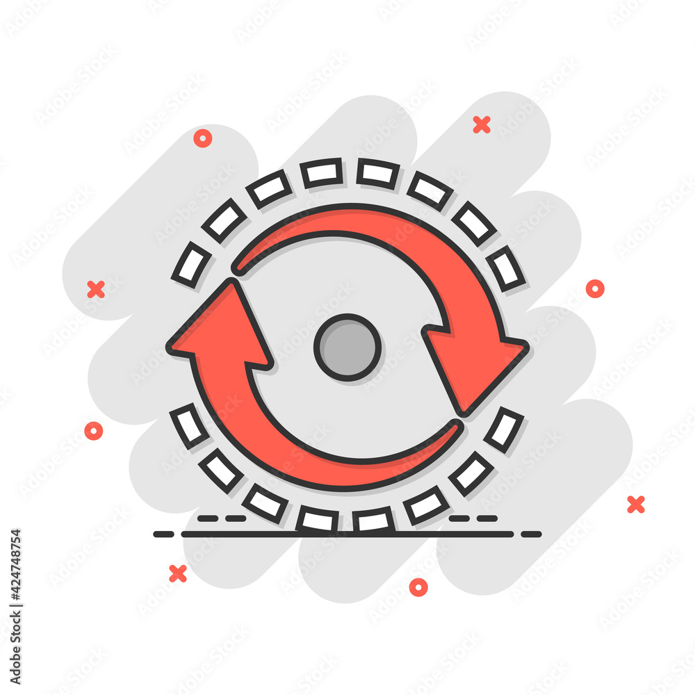Oval with arrows icon in comic style. Consistency repeat vector cartoon illustration on white isolated background. Reload rotation business concept splash effect.