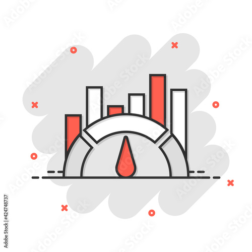 Benchmark measure icon in comic style. Dashboard rating vector cartoon illustration on white isolated background. Progress service business concept splash effect.