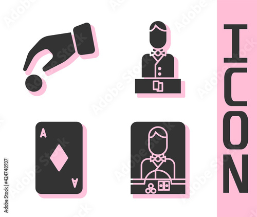 Set Casino dealer, Hand holding casino chips, Playing card with diamonds and Casino dealer icon. Vector