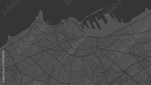 Dark grey vector background map, Casablanca city area streets and water cartography illustration.