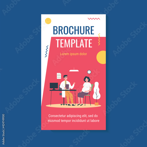 Pregnant woman consulting doctor in his office. Gynecologist talking to expecting patient. Vector illustration for prenatal care, examination, medical checkup concept