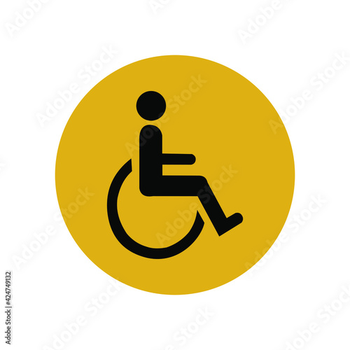 Black silhouette of a man in a wheelchair in a yellow circle. Disabled person in society. Wheelchair. A patient who cannot walk. Vector graphics.