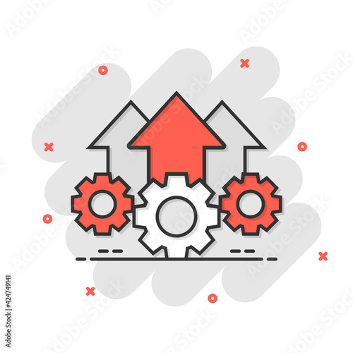 Operation project icon in comic style. Gear process vector cartoon illustration on white isolated background. Technology produce business concept splash effect.