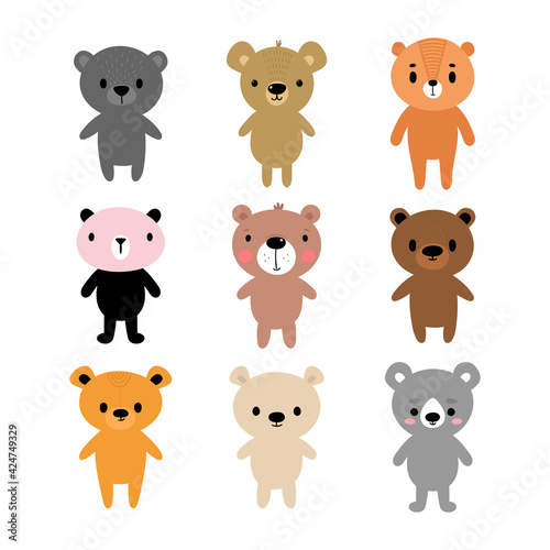 Fototapeta Naklejka Na Ścianę i Meble -  Adorable bears. Set of cute cartoon animals. Fits for designing baby clothes. Hand drawn smiling characters. Happy animal