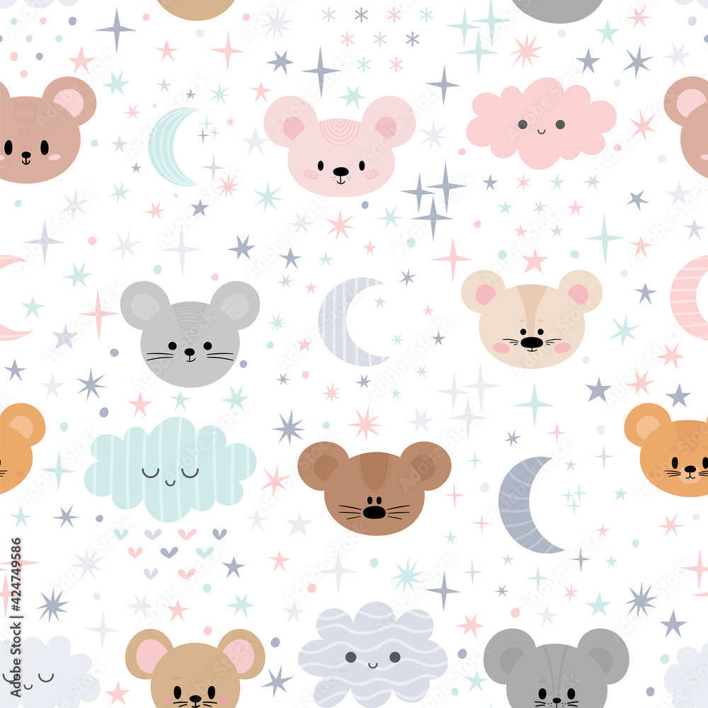 Cute seamless pattern for kids with cartoon little mouses. Children background with moon, stars and clouds. Lovely animals