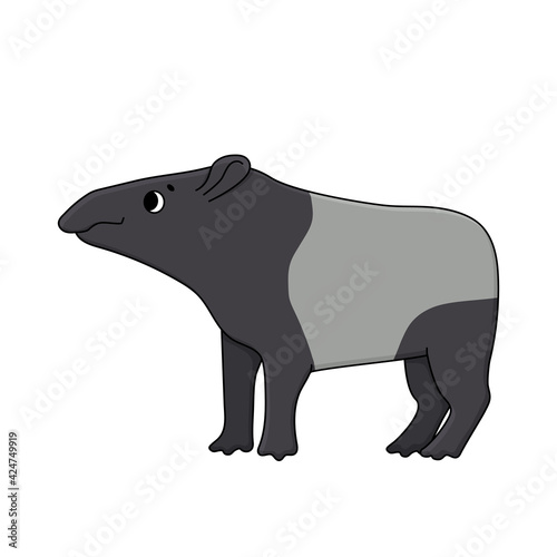 Vector cute outline doodle cartoon Malayan or Asian tapir. Isolated hand drawn illustration on white background, side view. Tapir looks to the left.